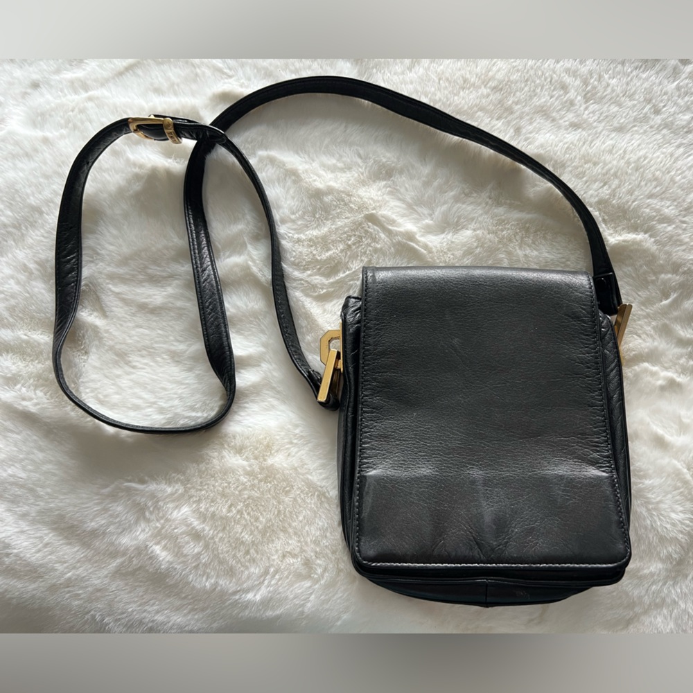Perlina New York Black Leather Crossbody Bag Vintage Gold Hardware